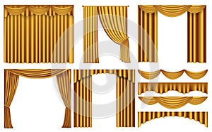 Golden curtains drapery realistic. Golden curtains for theater stage or cinema. Luxury decoration elements for opera or