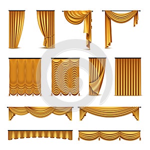 Golden Curtains Drapery Realistic Icons Collection