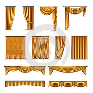 Golden Curtains Drapery Realistic Icons Collection photo