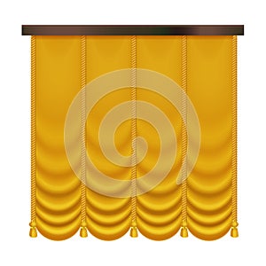 Golden curtains for opera or comedy show interior, 3D vintage gold silk drapery