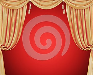 Golden curtains with tassels isolated on red background