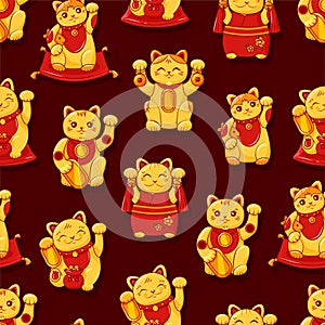 Golden cute Japanese cats of Good luck Maneki Neko seamless pattern. For printing on paper and fabric. Symbol wealth