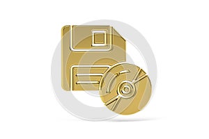 Golden 3d floppy disk icon isolated on white