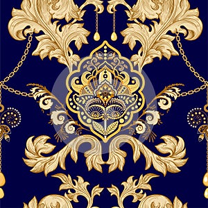 Golden Damask seamless pattern. Vintage indian wallpaper. Arabian vector backdrop. Golden and blue vintage background