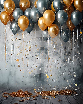 Golden and dark gray metallic balloons and confetti on glistering grunge background. Birthday, holiday or party background. Empty