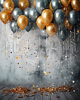 Golden and dark gray metallic balloons and confetti on glistering grunge background. Birthday, holiday or party background. Empty photo
