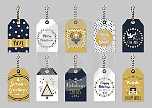 Golden and dark navy blue Christmas and Holiday gift tags set