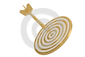 Golden dart and bullseye isolated on white background 3D illustration
