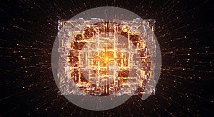 Golden data cube exploding with digital energy