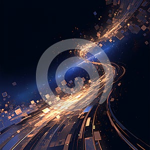 Golden Data Stream through Dark Blue Background