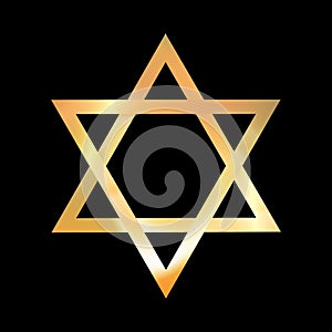 Golden David Star. Judaism religious symbol, gold star of David sign. Jewish sacred geometry. Israel emblem. Vector