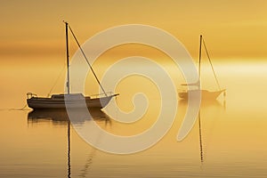 Golden Dawn: Two Sailboats Basking in the Warmth of a Sunrise, ai generative