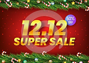 Golden December 12 super sale shopping day with christmas tree branches