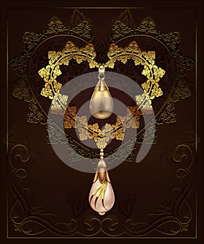 Golden decor heart with jewelry pebbles diamonds on a floral background with art deco ornament