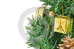 Golden decorated christmas tree isolated