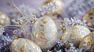 Golden Decorated Easter Eggs Amidst Purple Spring Flowers.