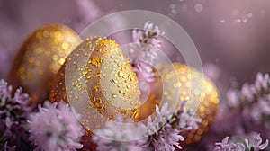 Golden Decorated Easter Eggs Amidst Purple Spring Flowers.
