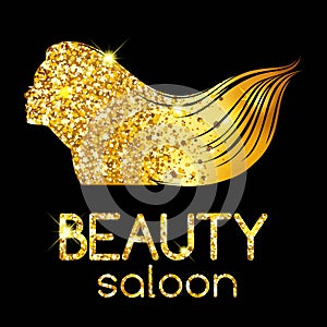 Golden decoration of a beauty salon, the girl outline silhouette waving her hair, bright illustration. Vector