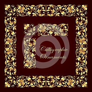 Golden decorative calligraphic ornaments, corners, borders and frames for page decoration and design