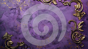 Golden decorative curls on bright violet grunge wall. Generative AI