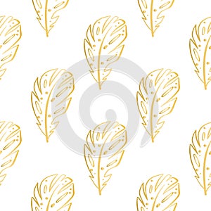 Golden decorative feathers seamless pattern vector illustration