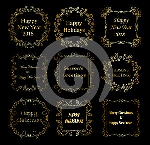 Golden decorative frames with christmas greetings - vector set