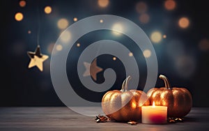 Golden decorative pumpkin with candles, maple leaves on dark bokeh lights blue background with copy space. Wooden table. Halloween