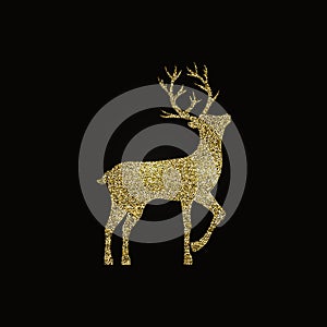 Golden deer on black background. Isolated illustration. Happy new year black background. Winter holiday card. Merry