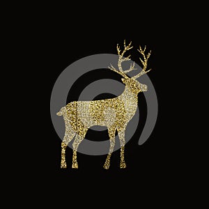 Golden deer on black background. Isolated illustration. Happy new year black background. Winter holiday card. Merry