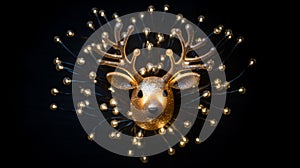 a golden deer head with antlers, elegantly decorated with small lights, creating a whimsical and enchanting atmosphere against a