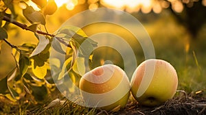 Golden Delicious apples at golden hour in September, dramatic yellow color