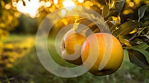 Golden Delicious apples at golden hour in September, dramatic yellow color