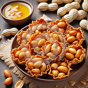 Golden Delights: Fried Peanuts Arranged on a Beautiful Plate. photo