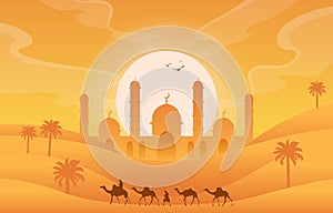 Golden Desert Islamic Mosque Date Palm Tree Arabian Landscape Illustration