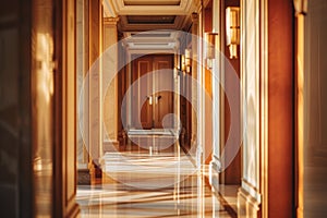 Golden design elements contribute to corridor sense of spaciousness. Hallway serves as gallery of modern art in hotel