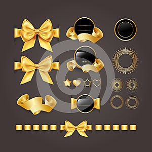 Golden design elements. seals, banners, badges, shields, labels, scrolls, , hearts and stars. Gold ribbons and ribbons. birthday,