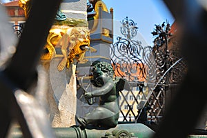 Golden detail of Beautiful Fountain SchÃ¶ner Brunnen, Nuremberg NÃ¼rnberger, Bavaria Bayern, Germany Deutschland