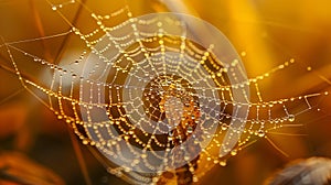 Golden Dewdrops on Spiders Web at Dawn