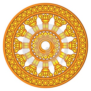 Golden dharma wheel in Buddhism religion concept