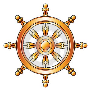 Golden Dharma wheel. Buddhism religion symbol. photo