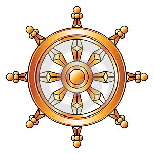 Golden Dharma wheel. Buddhism religion symbol.