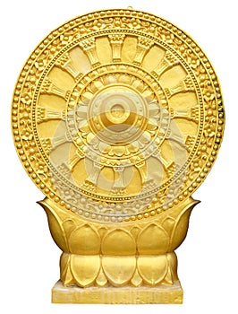Golden Dharmachakra or Wheel of Dhamma isolated on white background
