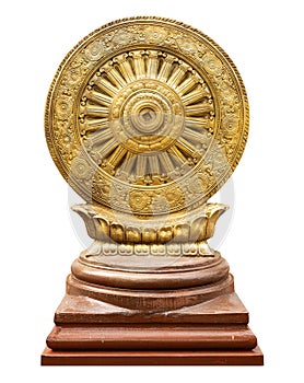 Golden Dharmachakra on white background