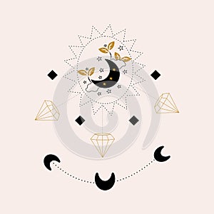 Golden diamonds, black moon and elegant geometric elements, vector illustration