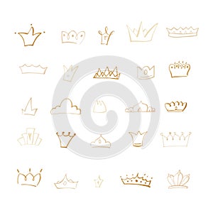 golden different doodle crowns collection. Line art king or queen crown sketch, tiara, beautiful diadem and luxurious