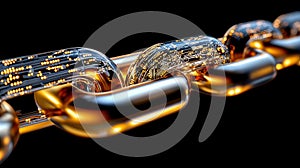 Golden digital chain links depict blockchain technology, highlighting security, innovation, and the decentralization of photo