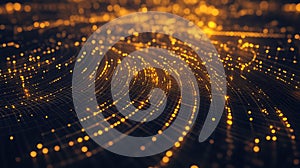 Golden digital data streams flowing through abstract network grid