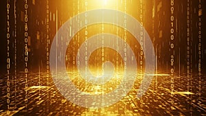 Golden Digital Matrix of Falling Binary Code in a Futuristic Abstract Environment data
