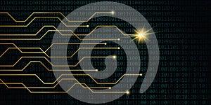 Golden digital network power with binary code background