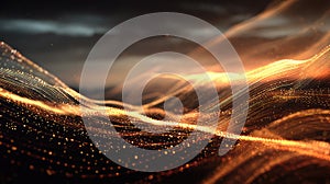 Golden digital wave flowing data particles network background
